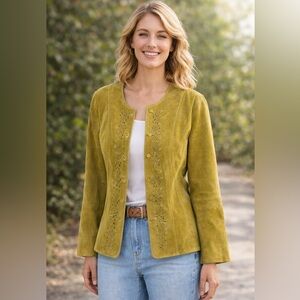 J.Jill Genuine Suede Leather Jacket Laser Cut Floral Button Front